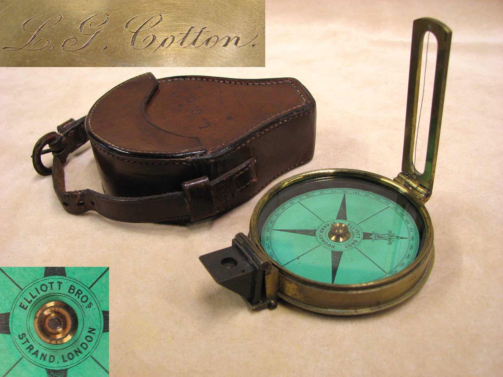 Mid 19th century Elliott Bros prismatic sighting compass owned by L.G. Cotton